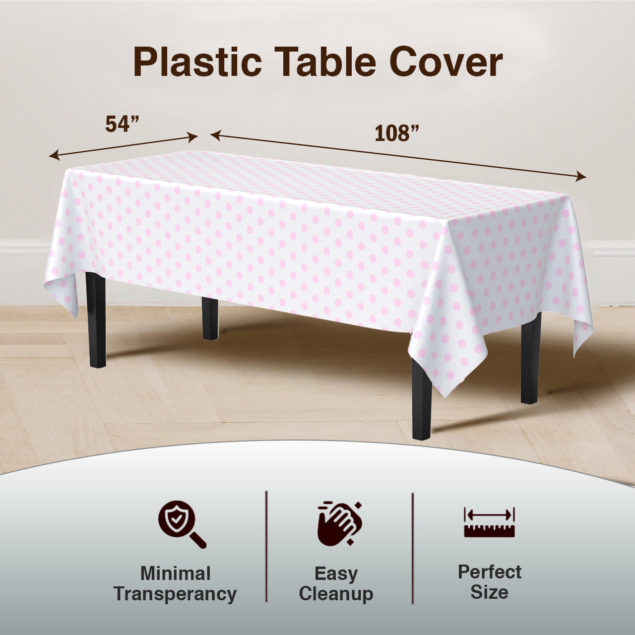 Pink Polka Dot Plastic Table Cover | Case of 48 | 54 in. x 108 in.