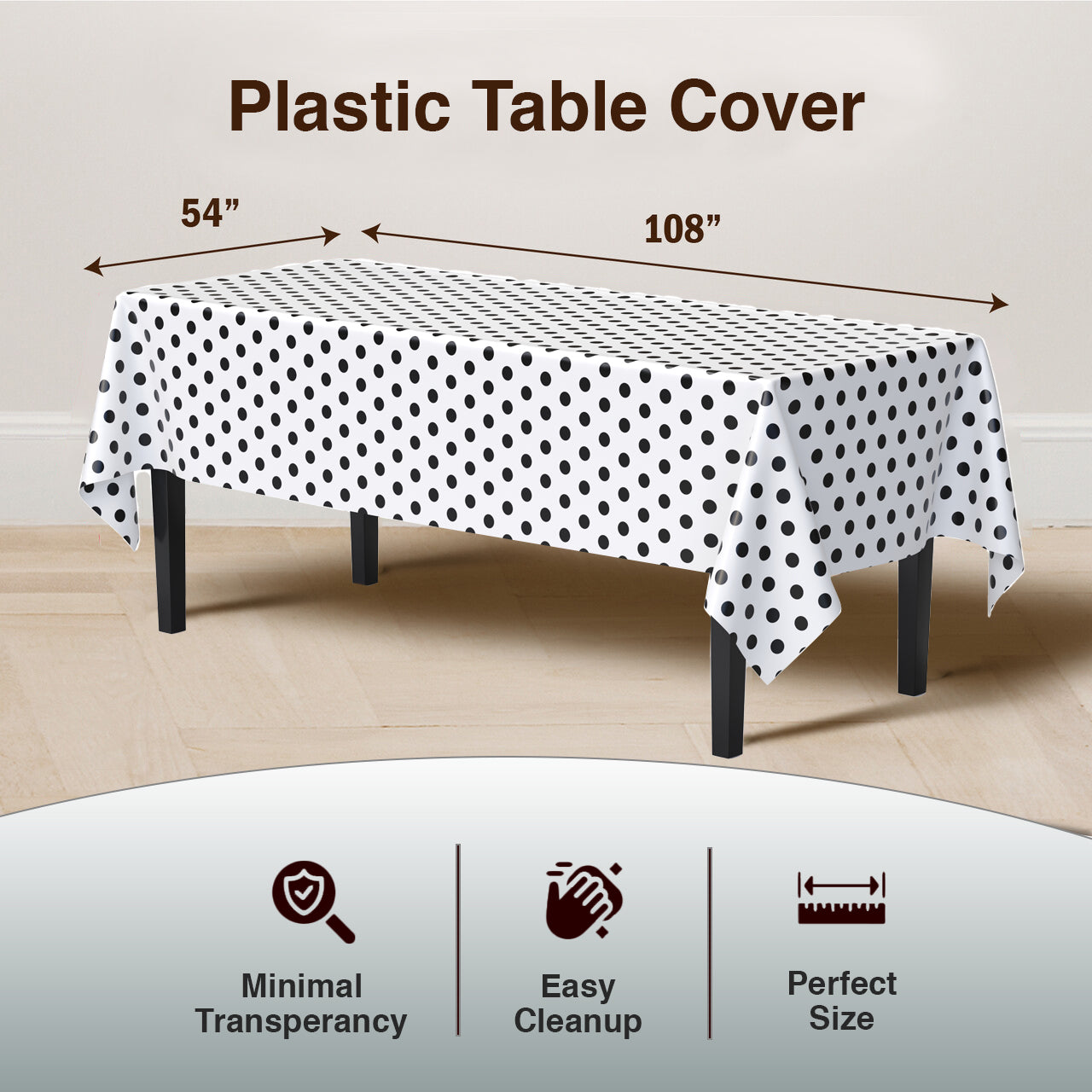 Black Polka Dot Plastic Table Cover | 54 in. x 108 in.