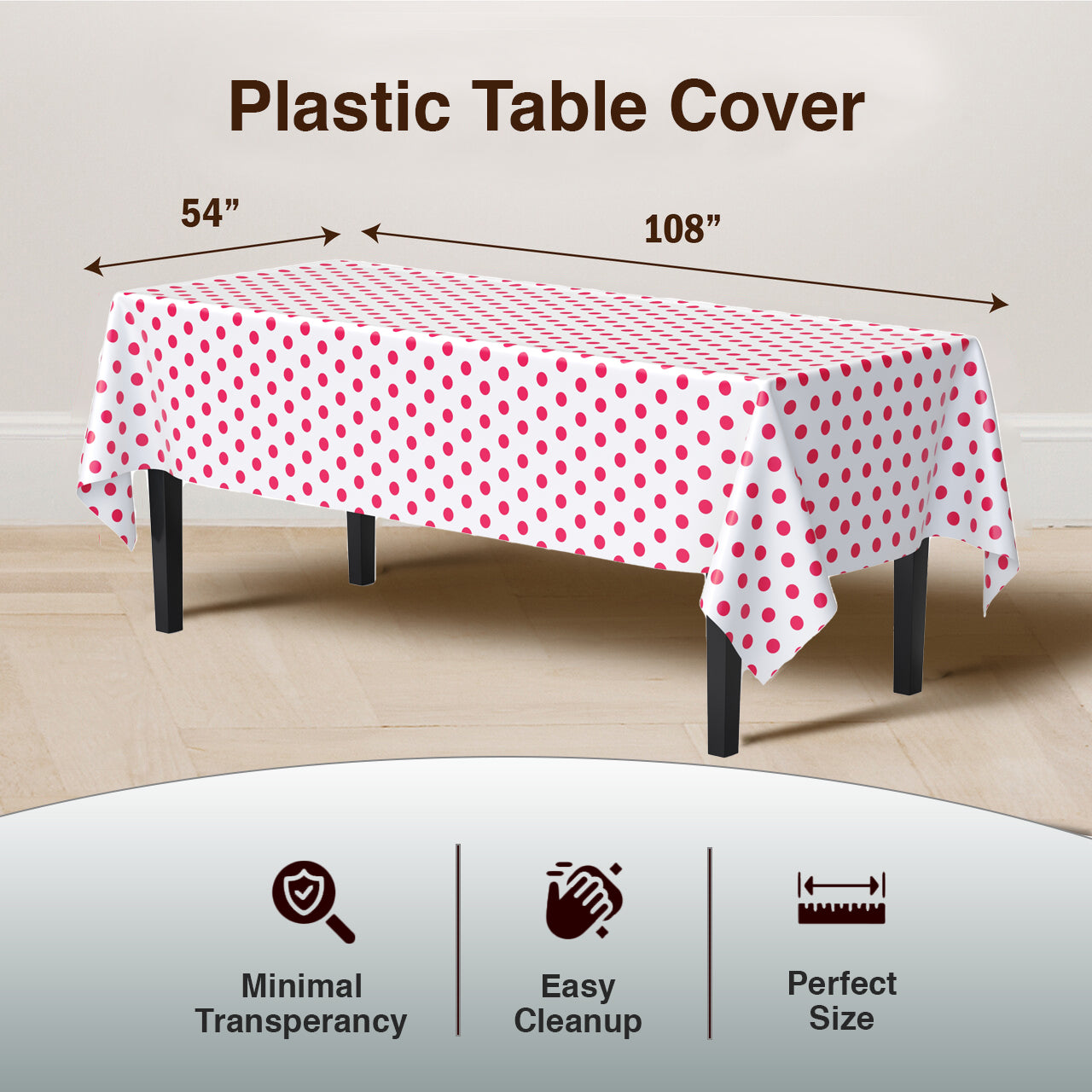 Red Polka Dot Plastic Table Cover | Case of 48 | 54 in. x 108 in.