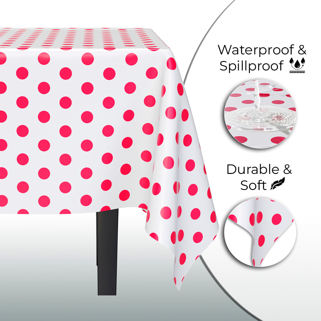 Red Polka Dot Plastic Table Cover | Case of 48 | 54 in. x 108 in.