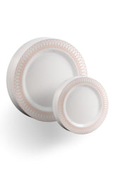 Exquisite Plastic Disposable Dinnerware Set - 60 Pcs - Wedding & Party Disposable Dinner Plates - Set Of 30 Plastic Dinner Plates And 30 Plastic Appetizer/Dessert Plates - White With Rose Gold Ovals