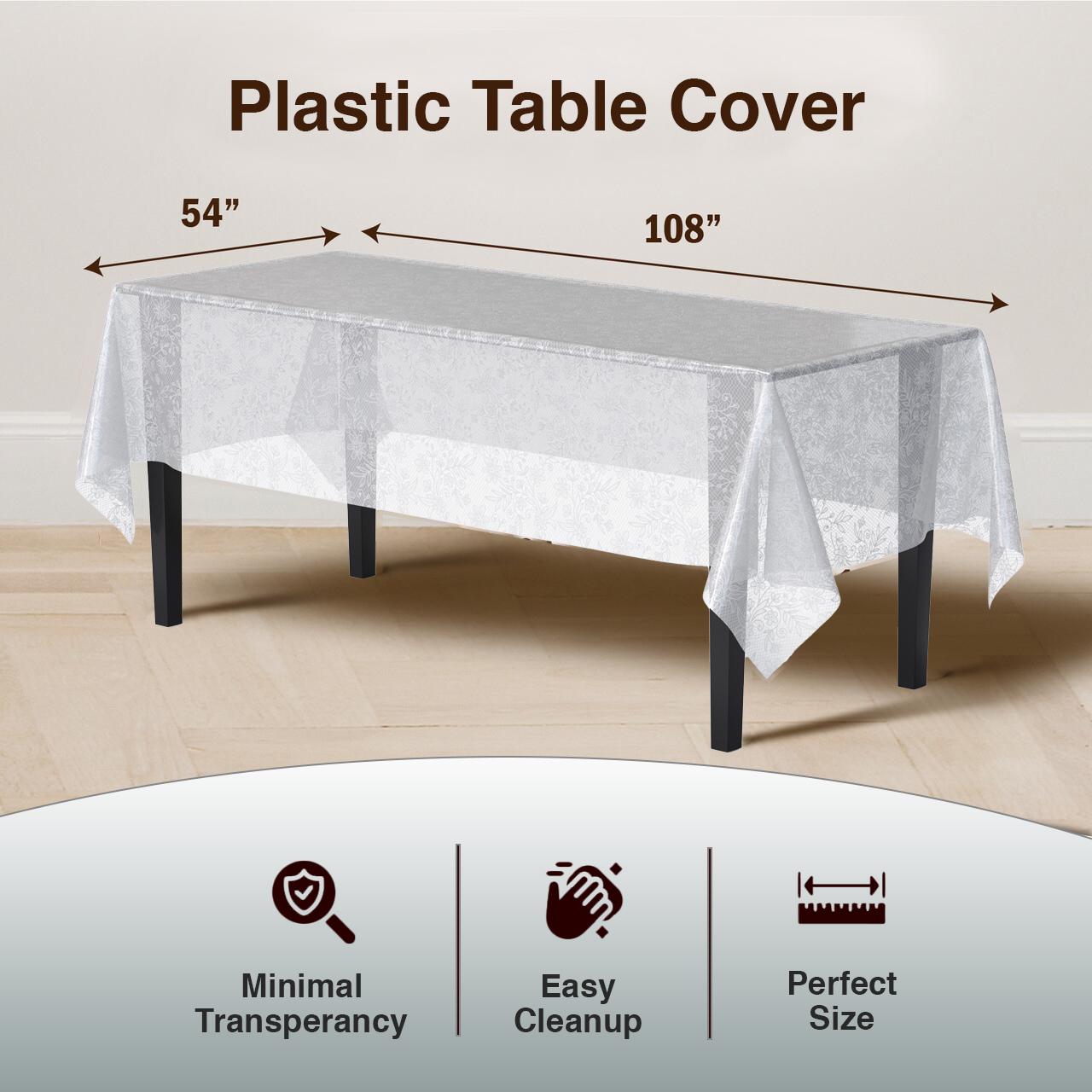 White Floral Plastic Table Cover - 54 In. x 108 In.