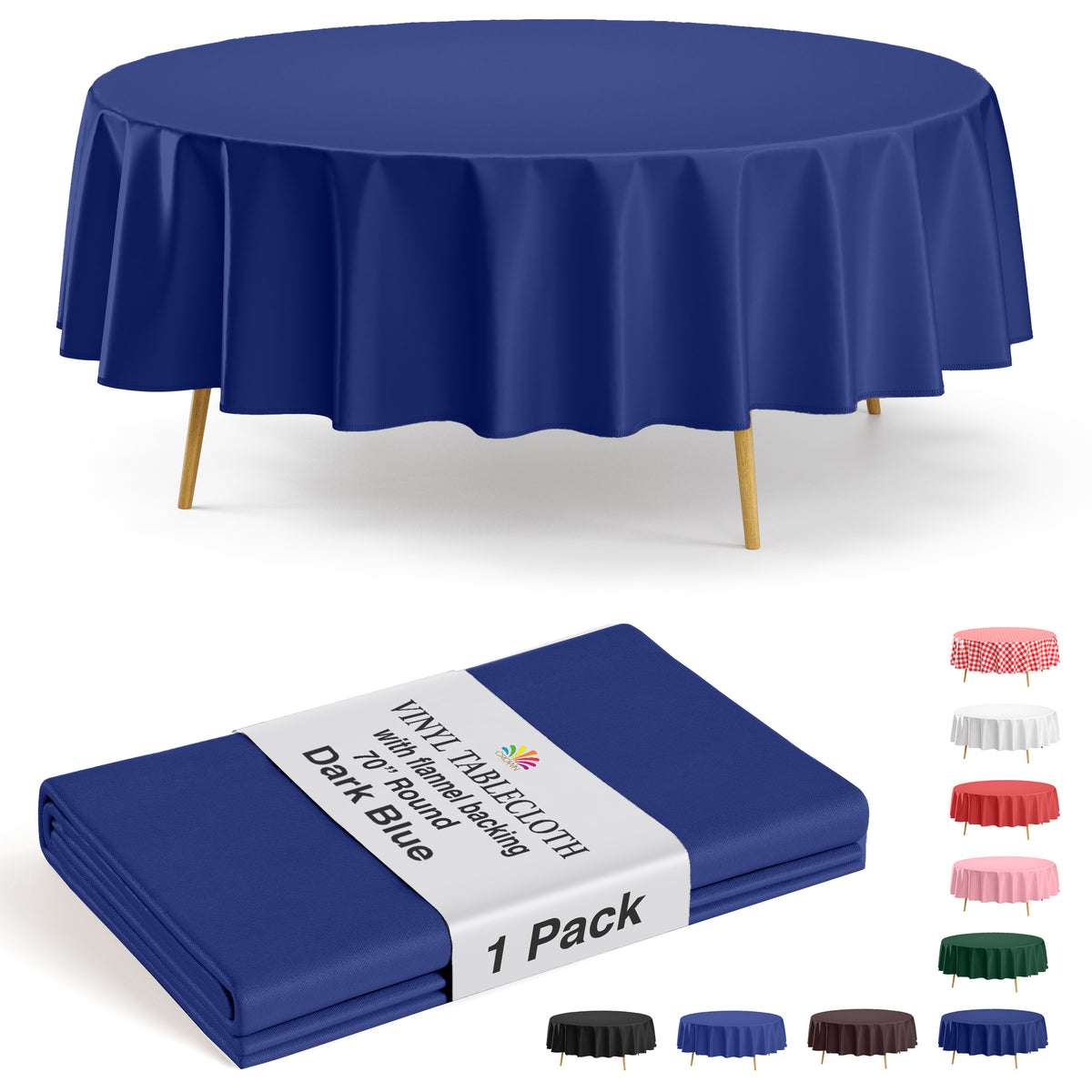 Dark Blue Flannel Backed Plastic Table Cover 70 in. Round