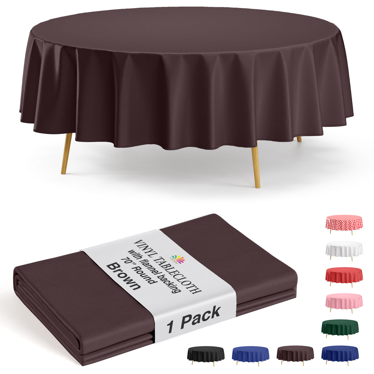 Brown Flannel Backed Plastic Table Cover 70 in. Round