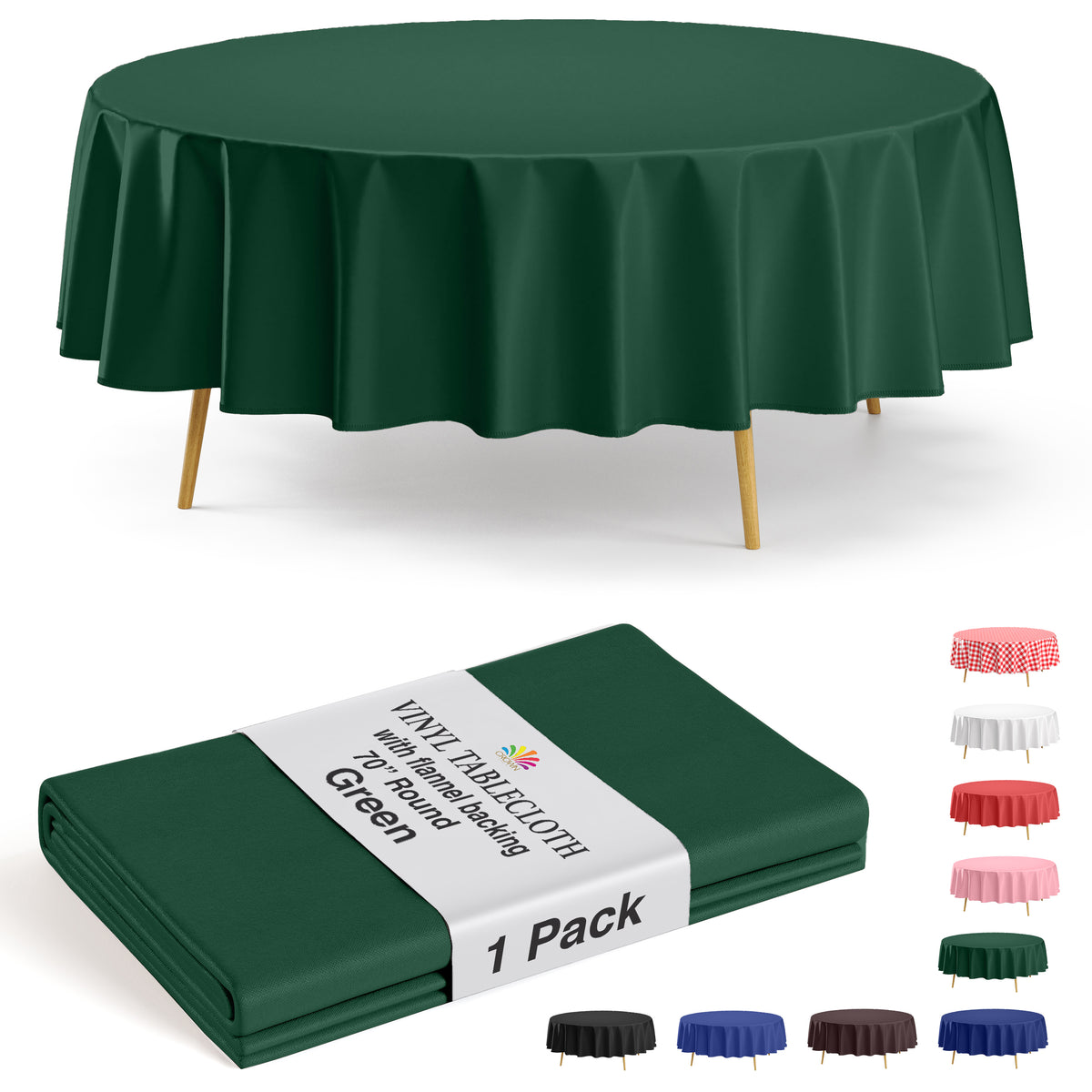 Dark Green Flannel Backed Plastic Table Cover 70 in. Round