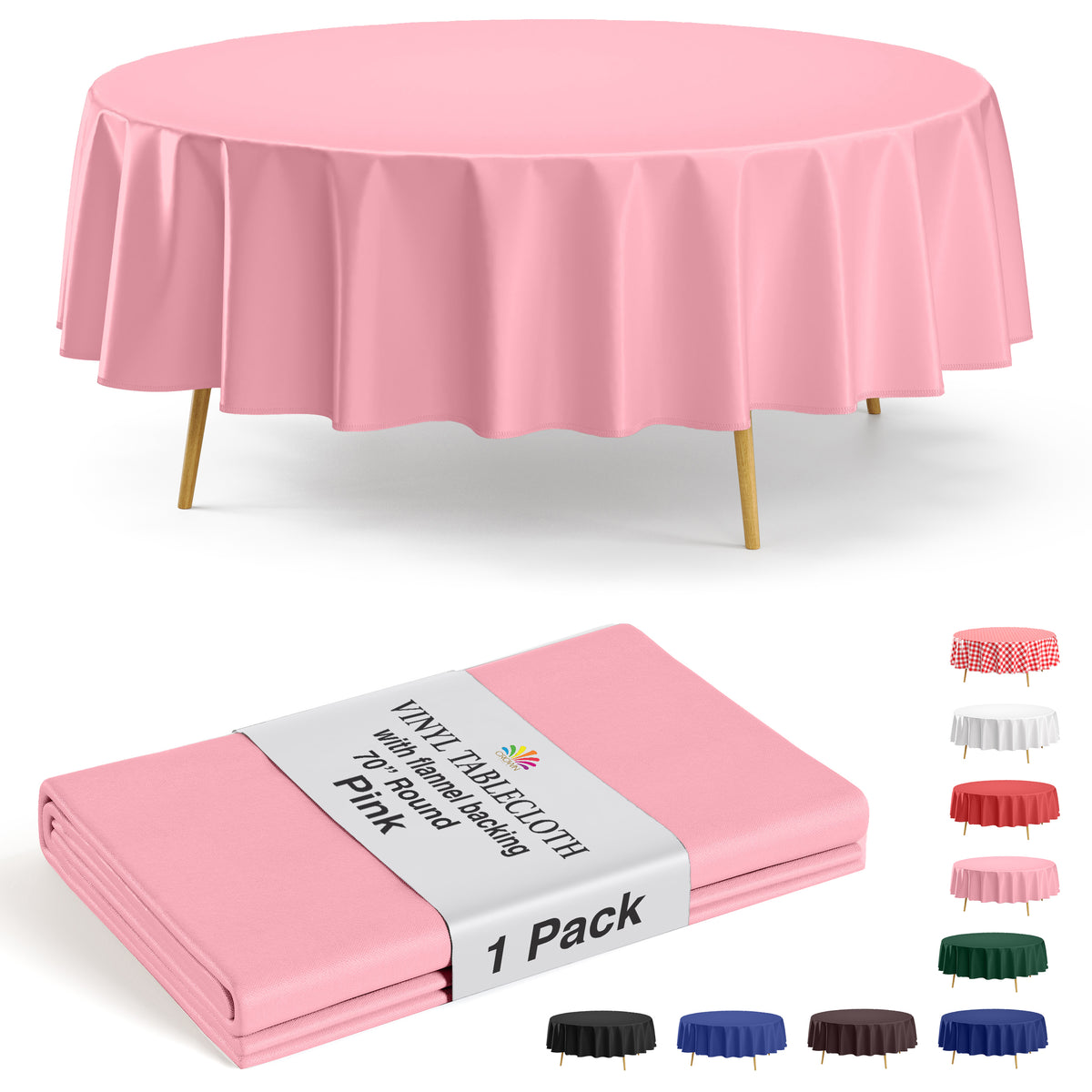 Pink Flannel Backed Plastic Table Cover 70 in. Round