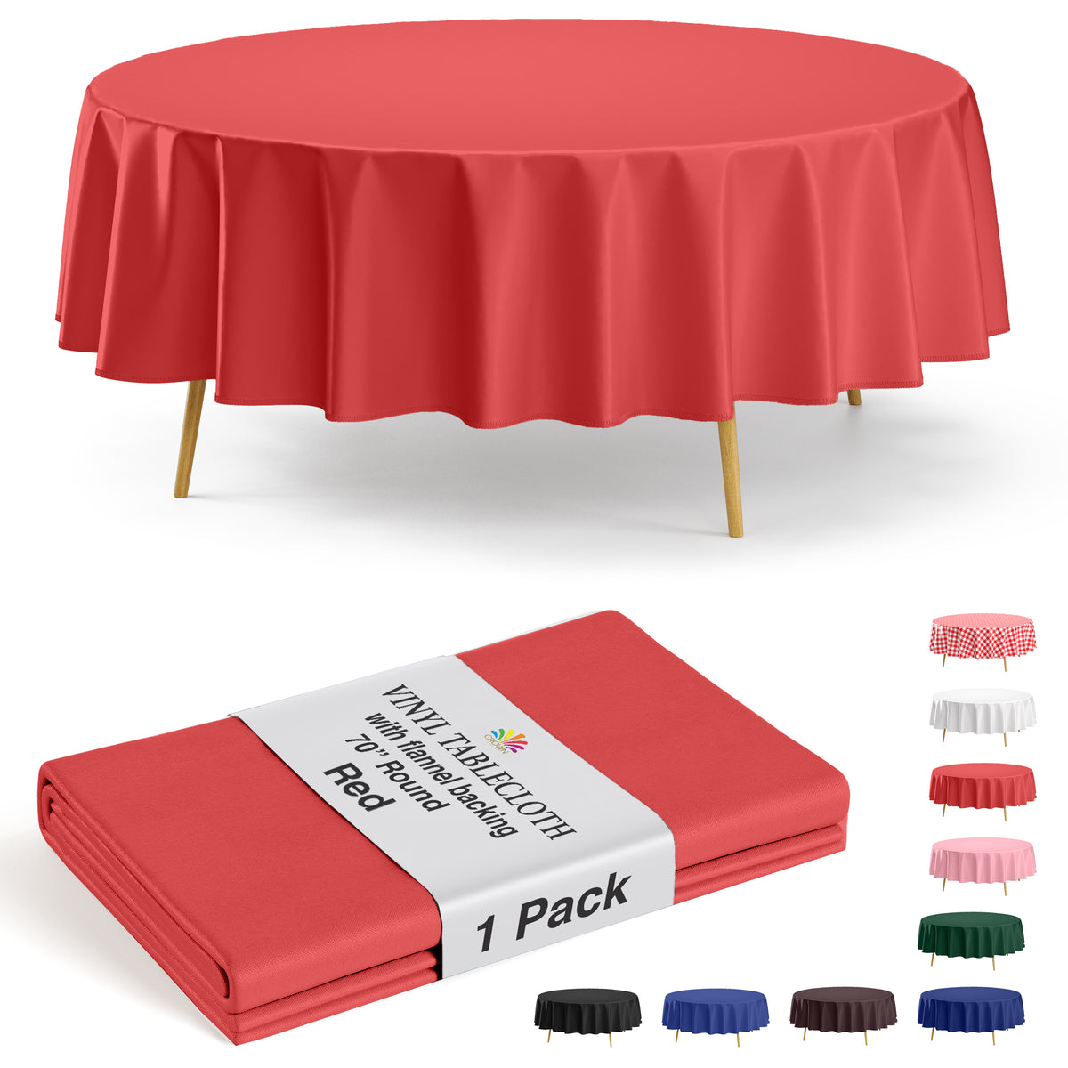 Red Flannel Backed Plastic Table Cover 70 in. Round