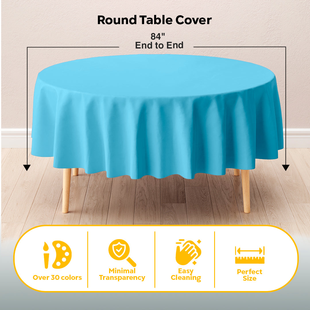Round Sky Blue Plastic Table Cover | 84 in.