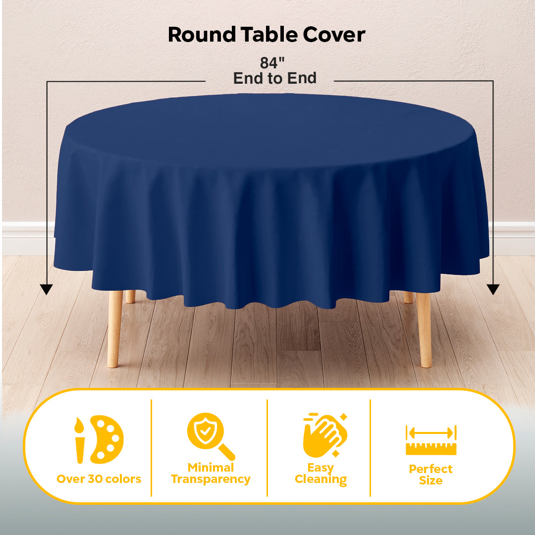 Navy Blue Round Plastic Table Cover | 84 in. | Case of 48
