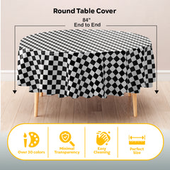 84 in. Round Black/White Checkered Plastic Table Cover | Case of 48