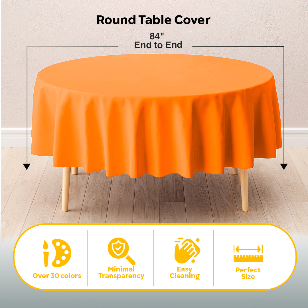 Round Orange Plastic Table Cover | 84 in.
