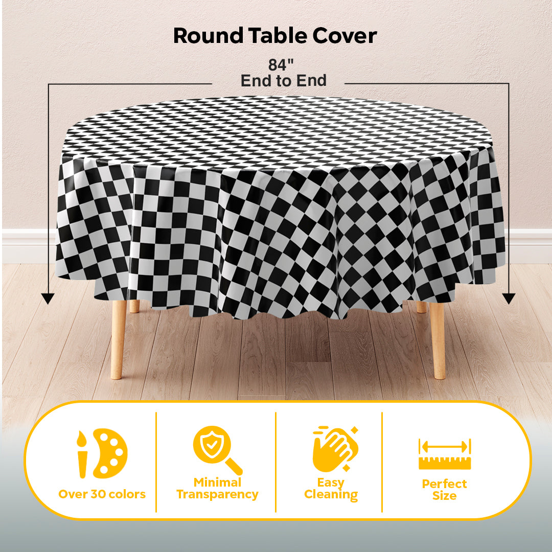 84 in. Round Black/White Checkered Plastic Table Cover