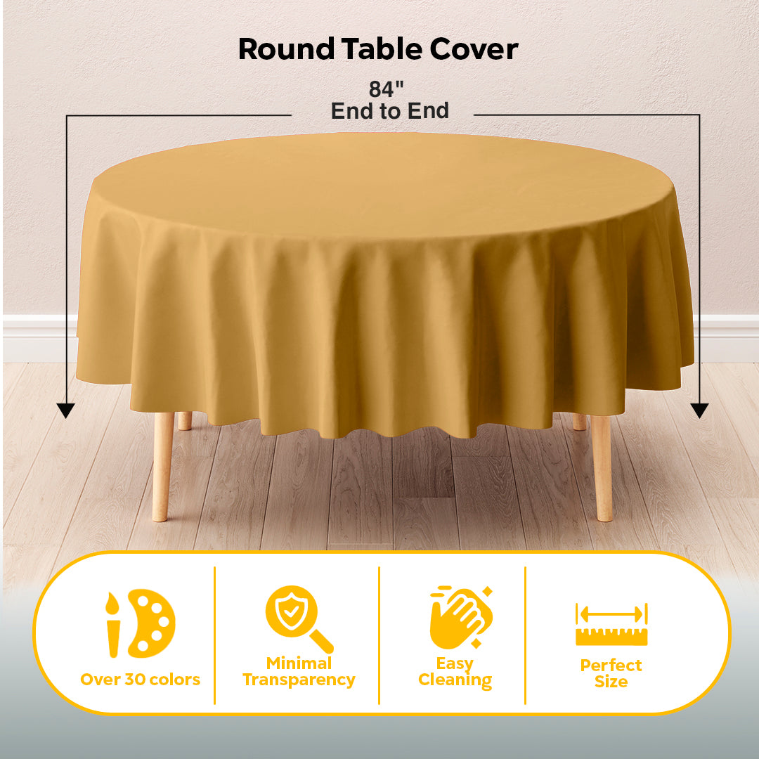 Gold Round Plastic Table Covers | 6 Pack | 84 in.