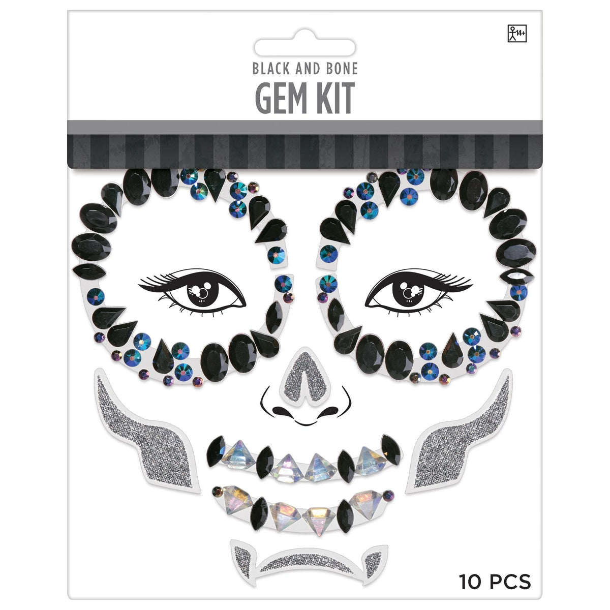 Halloween Skeleton Face Gem Kit - Black and Bone