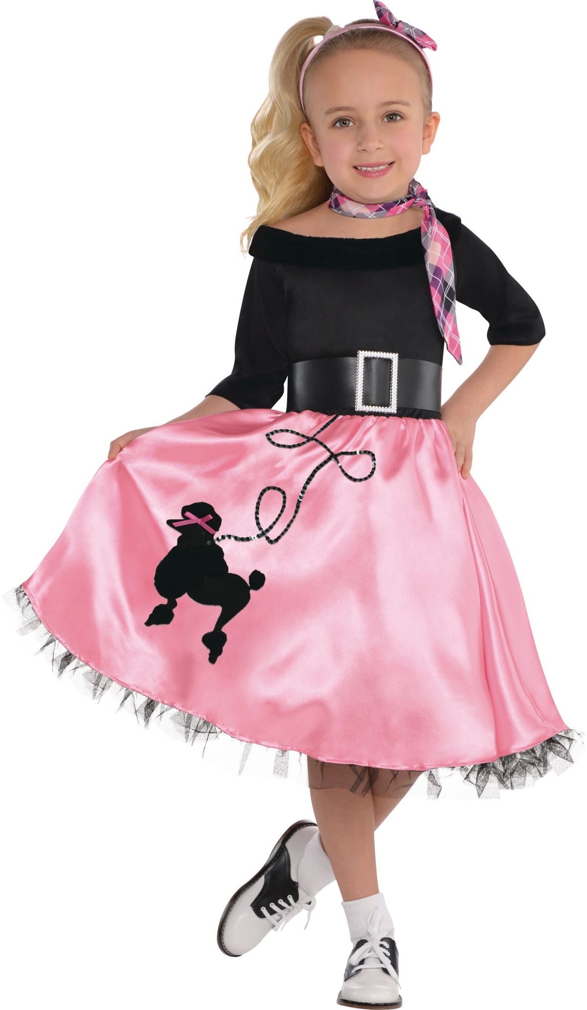 Girls' 1950s Miss Sock Hop Costume with Poodle Skirt & Accessories - Child M (8-10)