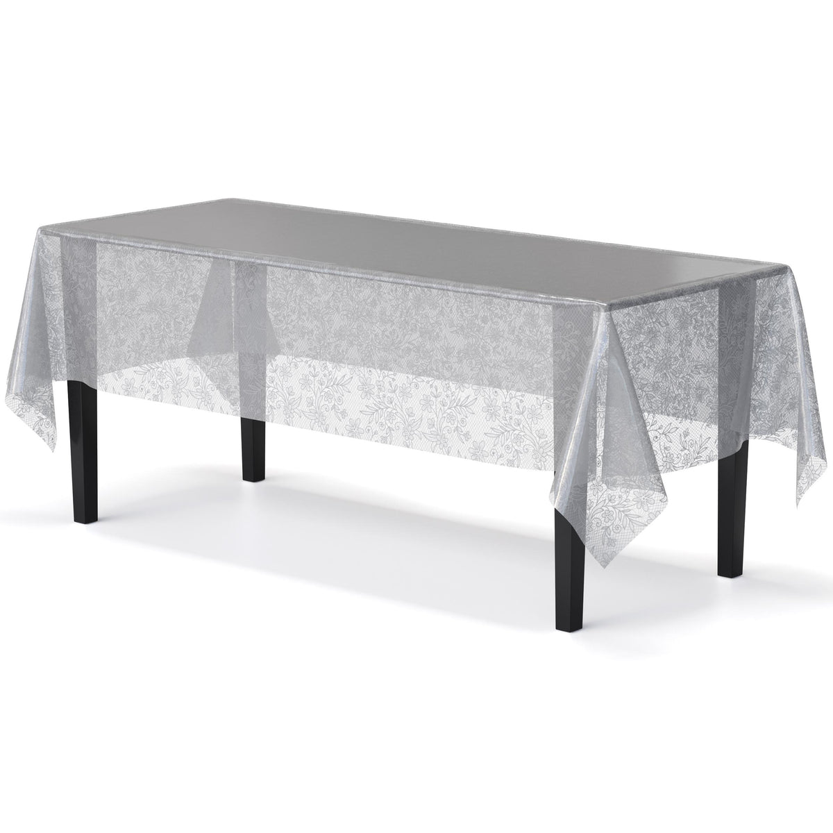 Silver Floral Plastic Table Cover - 54 In. x 108 In.