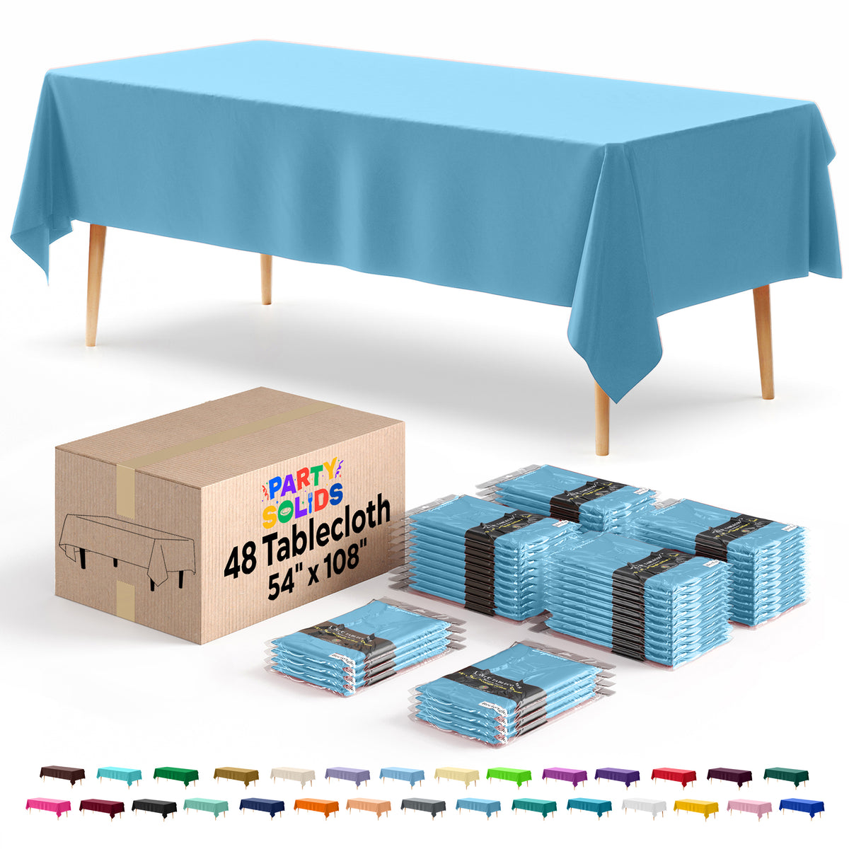 Sky Blue Plastic Table Cover | Case of 48 | 54 in. x 108 in.