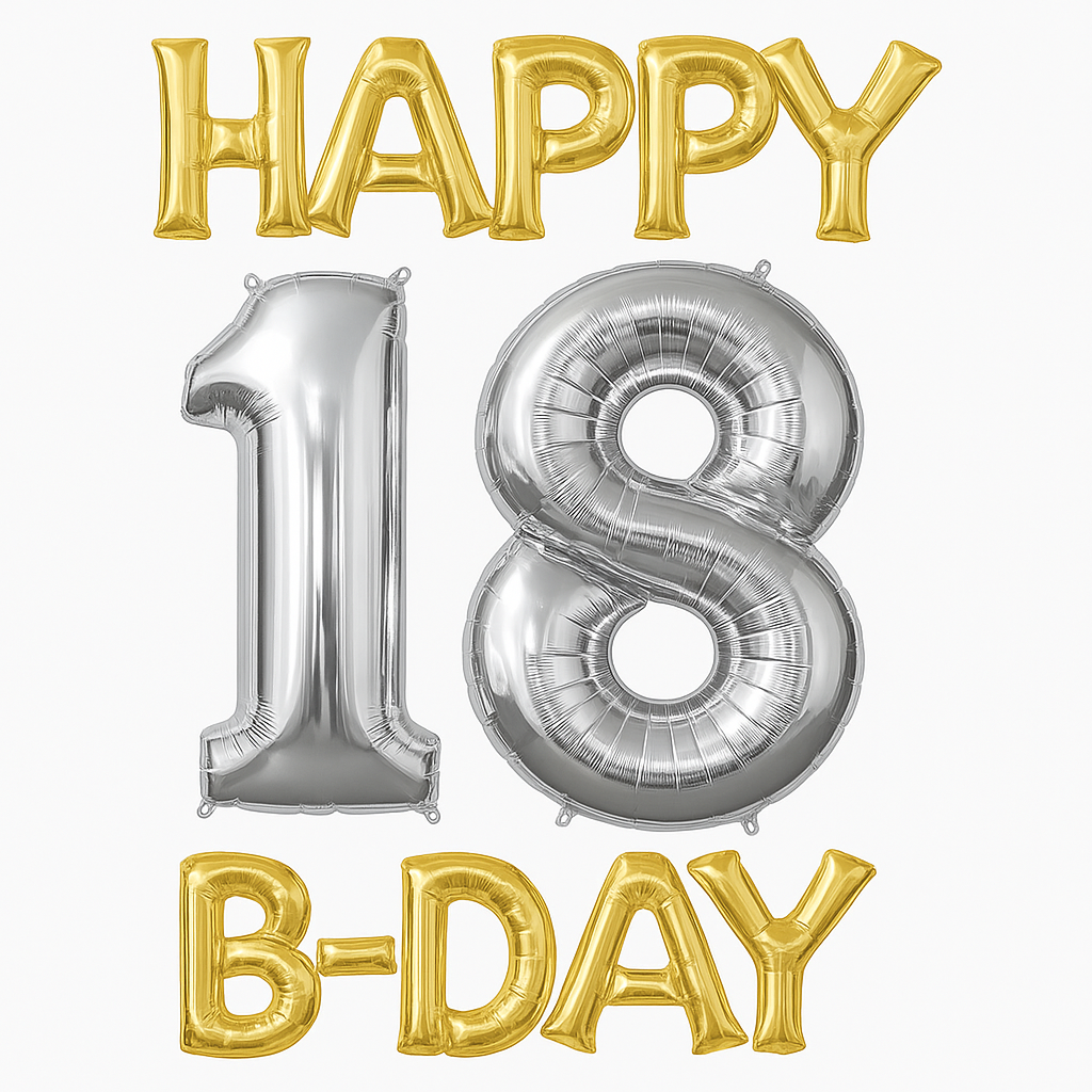 Metallic Gold & Silver "Happy 18 B-Day" Foil Balloon Set