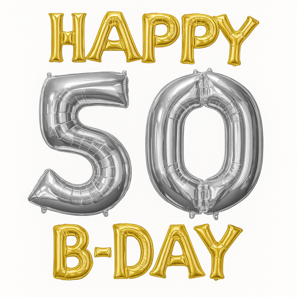 Metallic Gold and Silver "Happy 50 B-Day" Foil Balloon Set