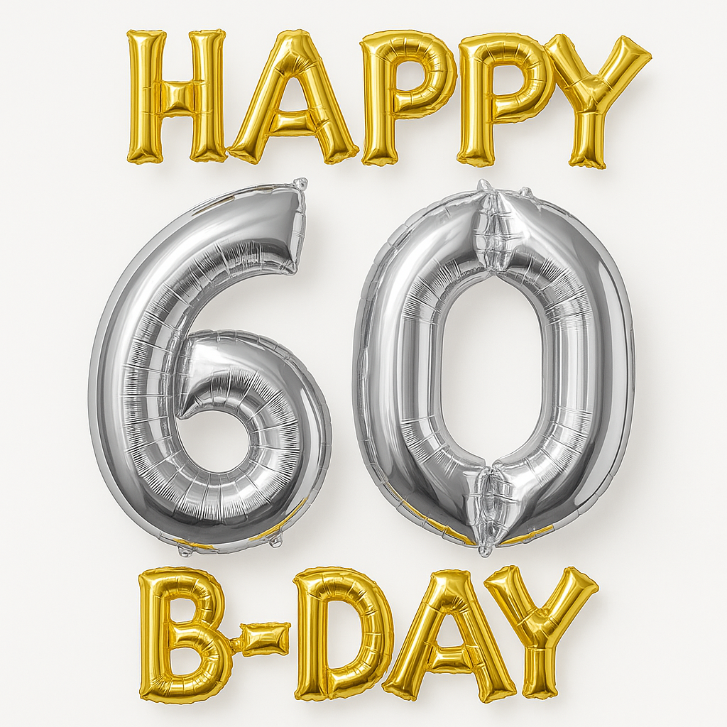 Metallic Gold & Silver "Happy 60th B-Day" Foil Balloon Set