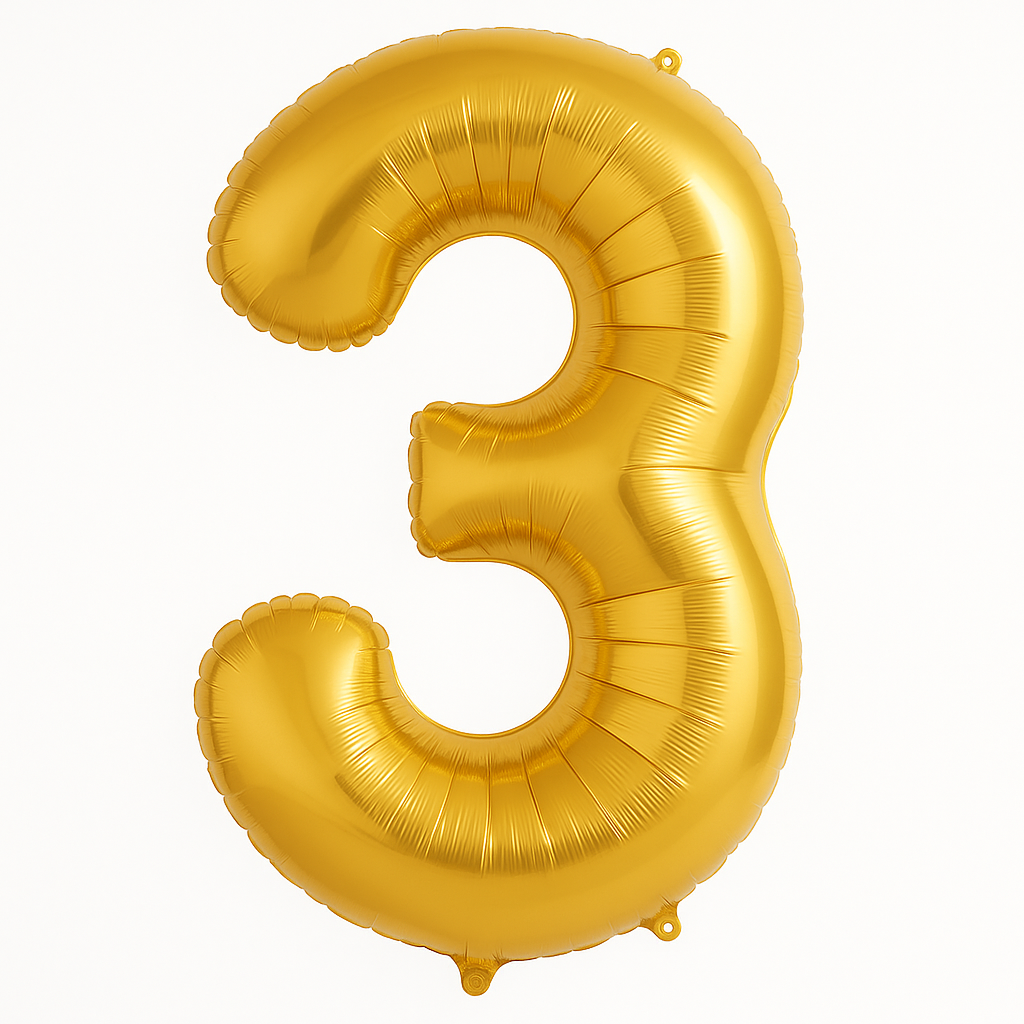 Gold Number 3 Foil Balloon - 50-Inch, Helium & Ribbon Included