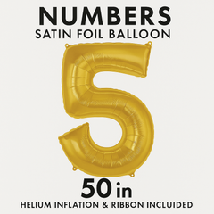 50-Inch Gold Number 5 Foil Balloon - Helium & Ribbon Included