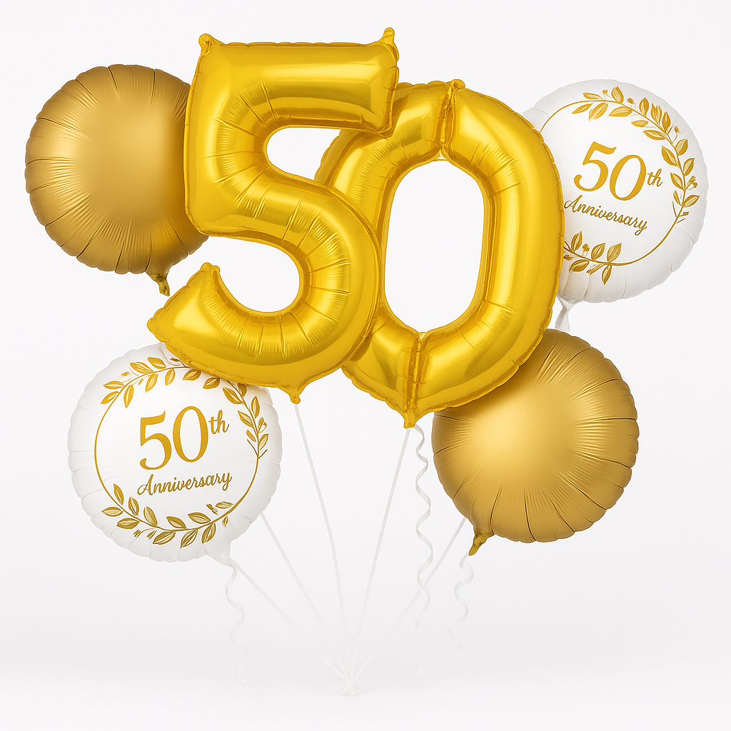 Golden 50th Anniversary Foil Balloon Bouquet - 5 Piece Set