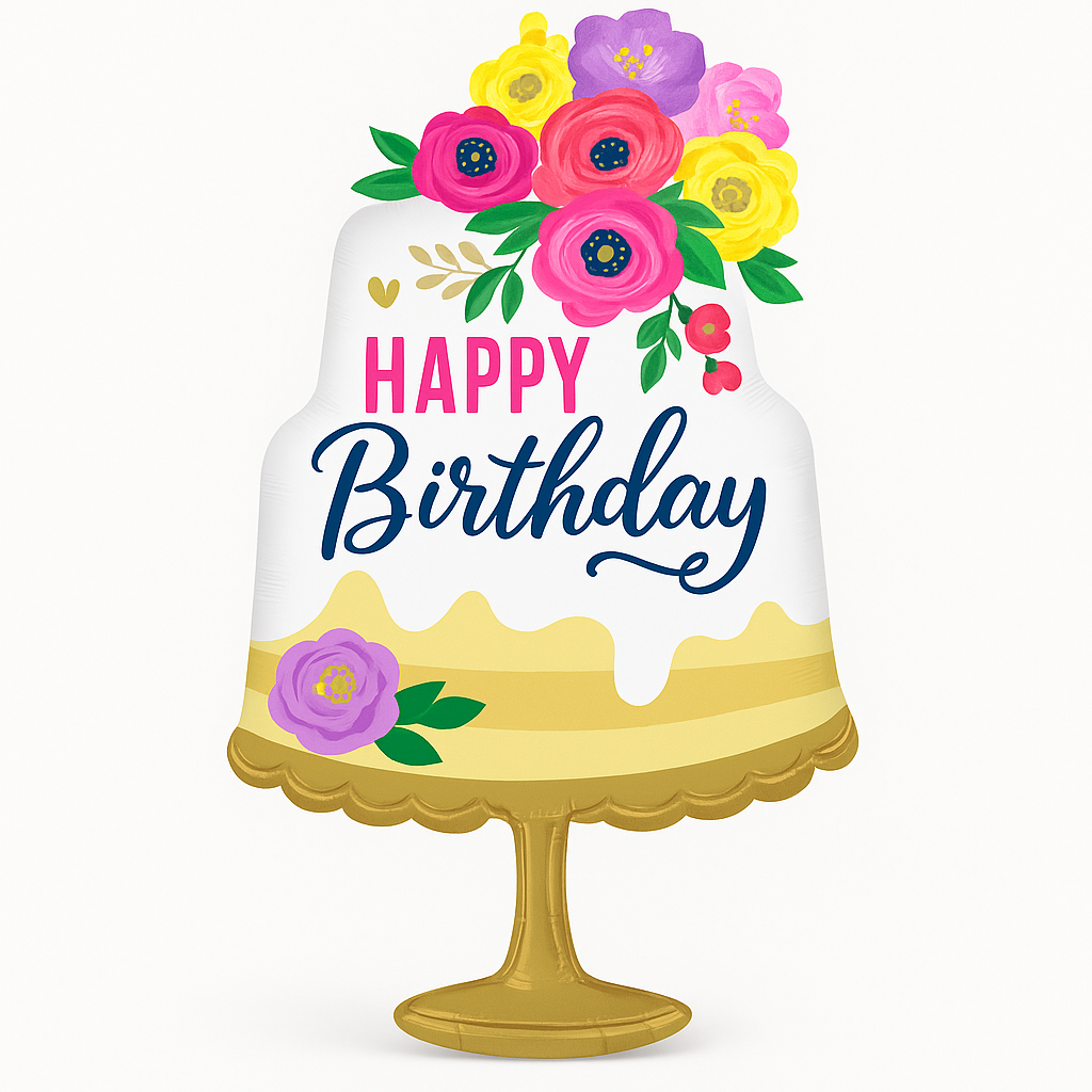 Artful Floral Birthday Cake Shape Foil Balloon