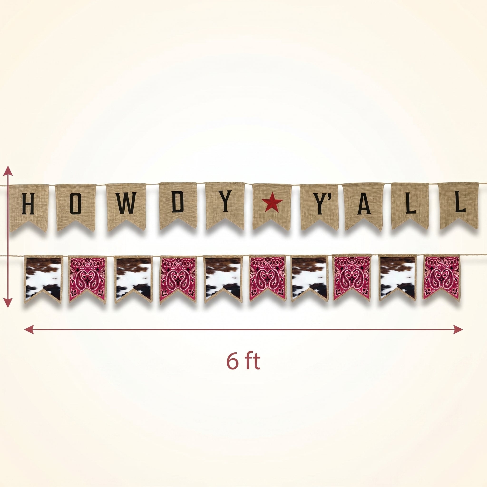 Western Howdy Y'all Banner Set - Reversible Burlap Party Decoration with Cowhide Bandana Garland, Pre-Strung Rustic Cowboy Rodeo Party Decor, 2 Piece, 6 ft