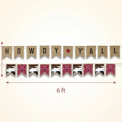 Western Howdy Y'all Banner Set - Reversible Burlap Party Decoration with Cowhide Bandana Garland, Pre-Strung Rustic Cowboy Rodeo Party Decor, 2 Piece, 6 ft