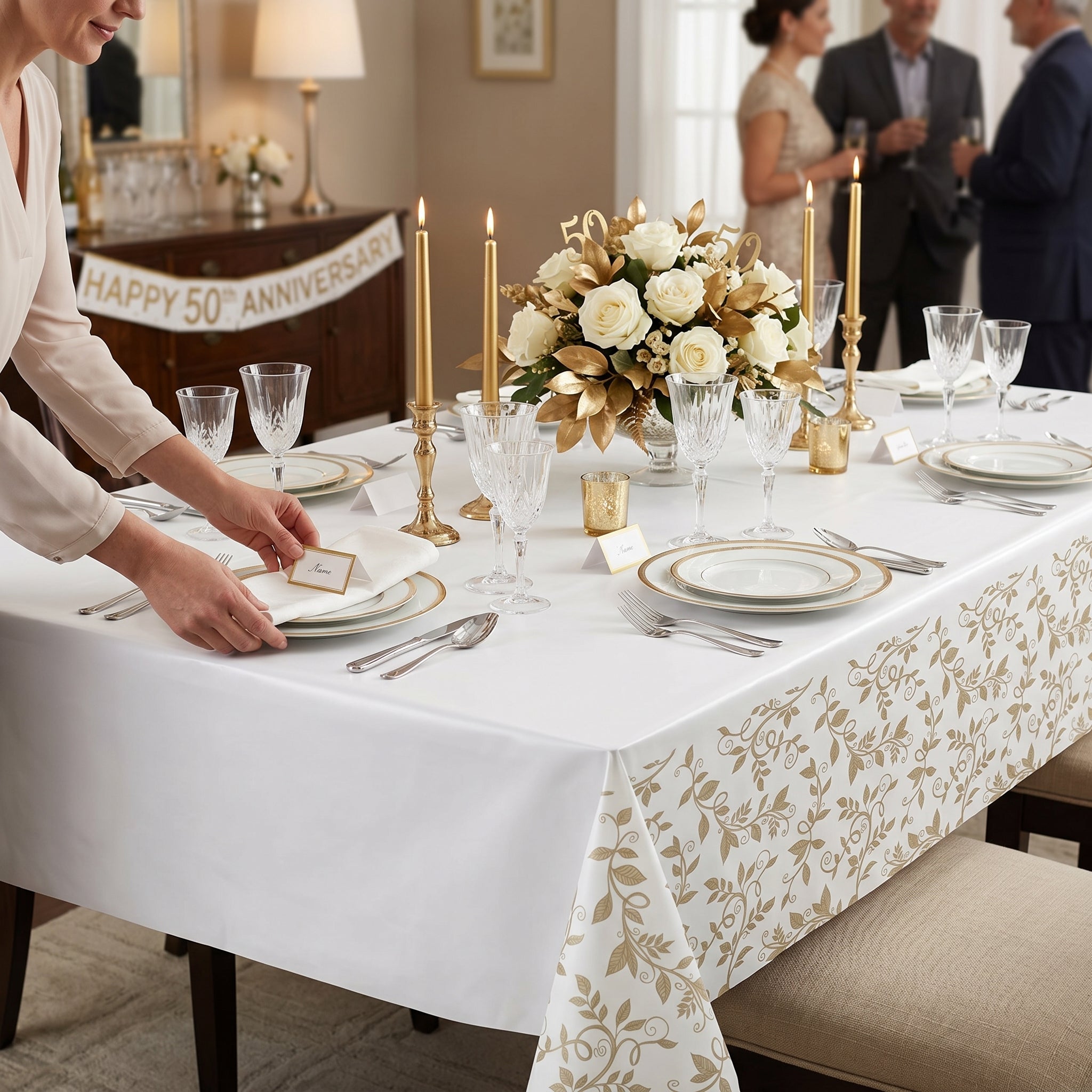 50th Anniversary White and Gold Plastic Table Cover - Elegant Floral Vine Rectangular Party Tablecloth, Wipeable Disposable Tablecloth for Wedding Anniversary Decor, 54 x 102