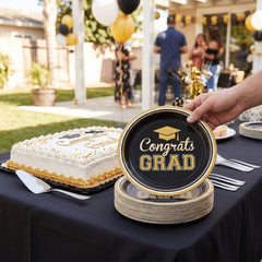 "Congrats Grad" 7-Inch Round Metallic Paper Plates - Black/Gold, 8-Pack