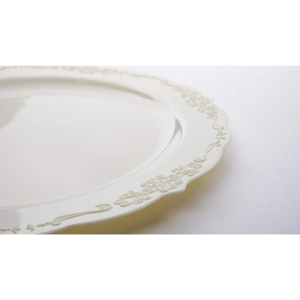 10 In. Ivory Victorian Design Plastic Plates | 120 Count
