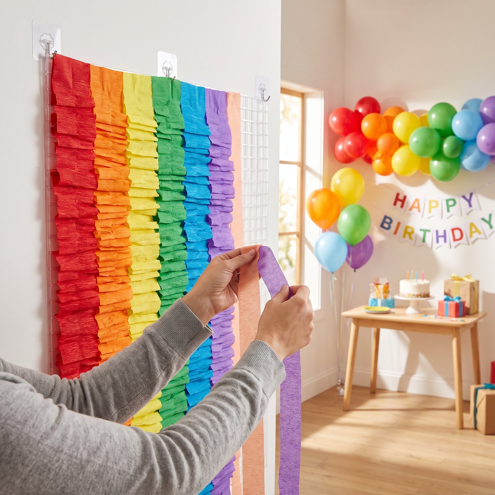 Vibrant Rainbow Mesh Crepe Streamer Backdrop