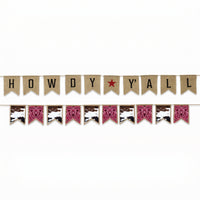 Western Howdy Y'all Banner Set - Reversible Burlap Party Decoration with Cowhide Bandana Garland, Pre-Strung Rustic Cowboy Rodeo Party Decor, 2 Piece, 6 ft