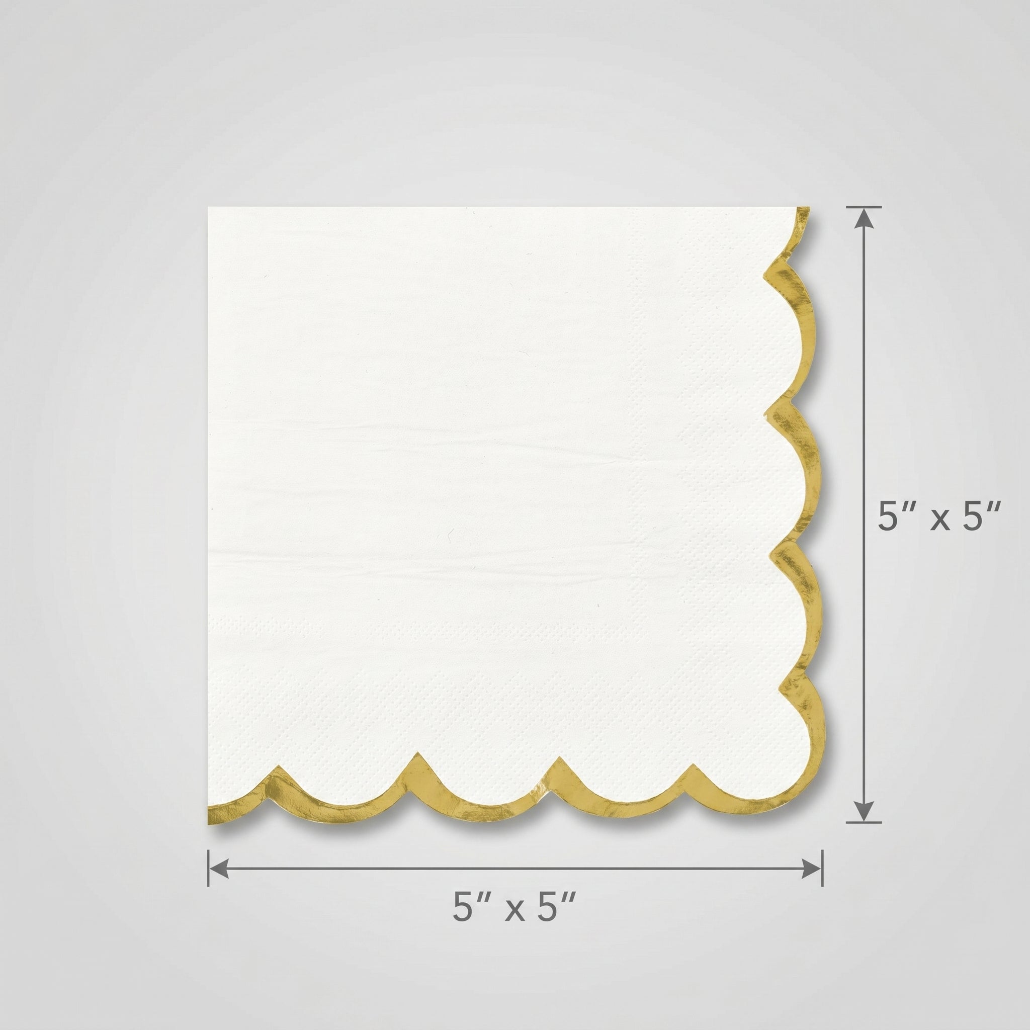 White Scalloped Beverage Napkins with Gold Hot Stamped Edge - 5 In. X 5 In.