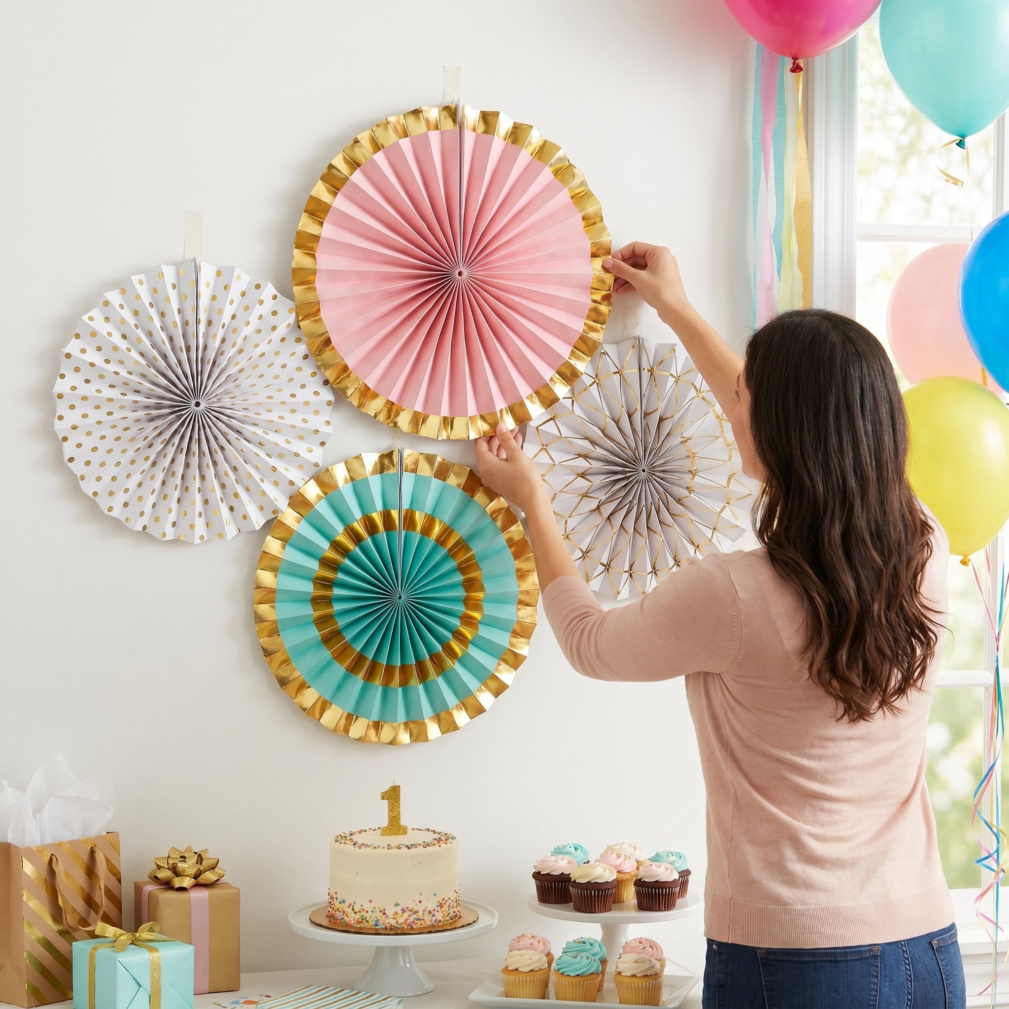 Metallic Gold & Pastel Paper Fan Decorations - 4 Pack