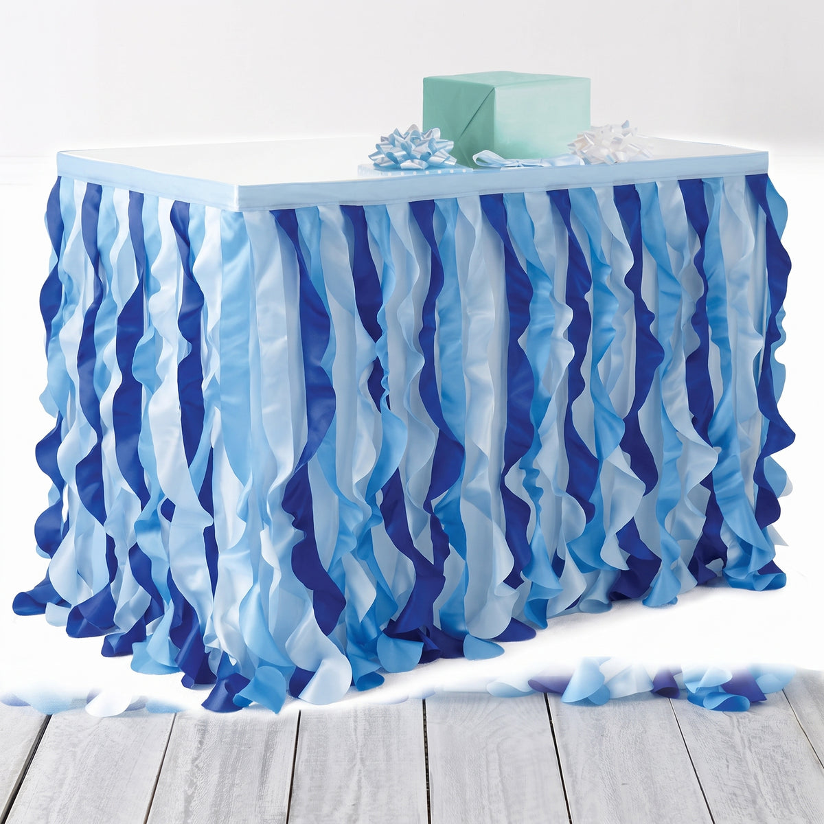 Blue Fabric Ruffle Table Skirt for Baby Showers