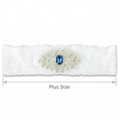 Something Blue Bridal Garter - White Lace Wedding Garter with Sapphire Rhinestone Applique, Plus Size Keepsake Garter for Bride