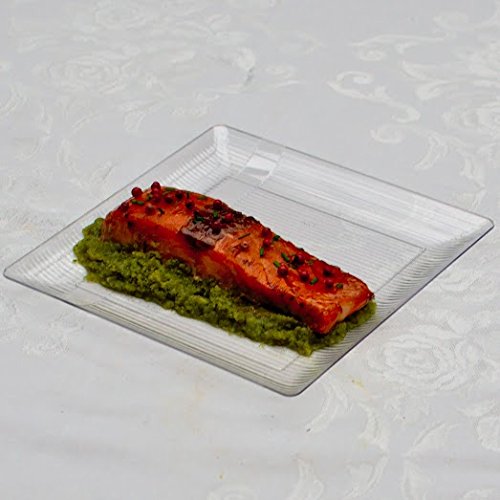 Crown Premium Heavy Duty Plastic Plates - Linear Squared (40 Pack) - Wedding China Like (10.25 Inch., Clear)