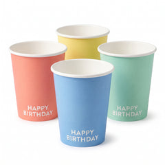 Colorful Pastel "Happy Birthday" Paper Cups - 8 Pack