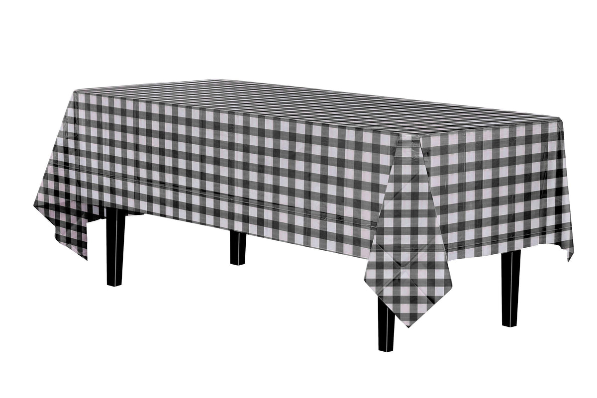 Black Gingham Plastic Table Covers | 12 Pack - 54 In. x 108 In.