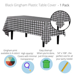 Black Gingham Plastic Table Covers | 6 Pack - 54 In. x 108 In.