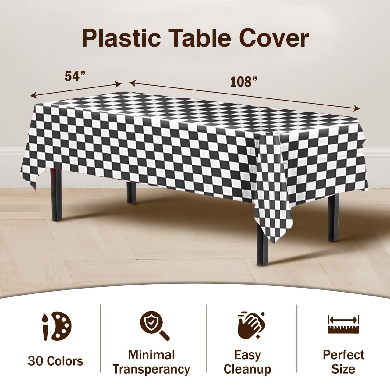 Black/White Checkered Plastic Table Cover | Case of 48 - 54 In. x 108 In.