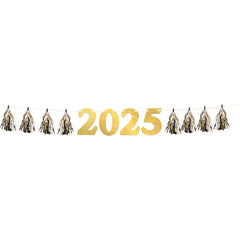 "2025" New Year's Tassel Garland Banner in Gold, Black, and Silver - 8 ft