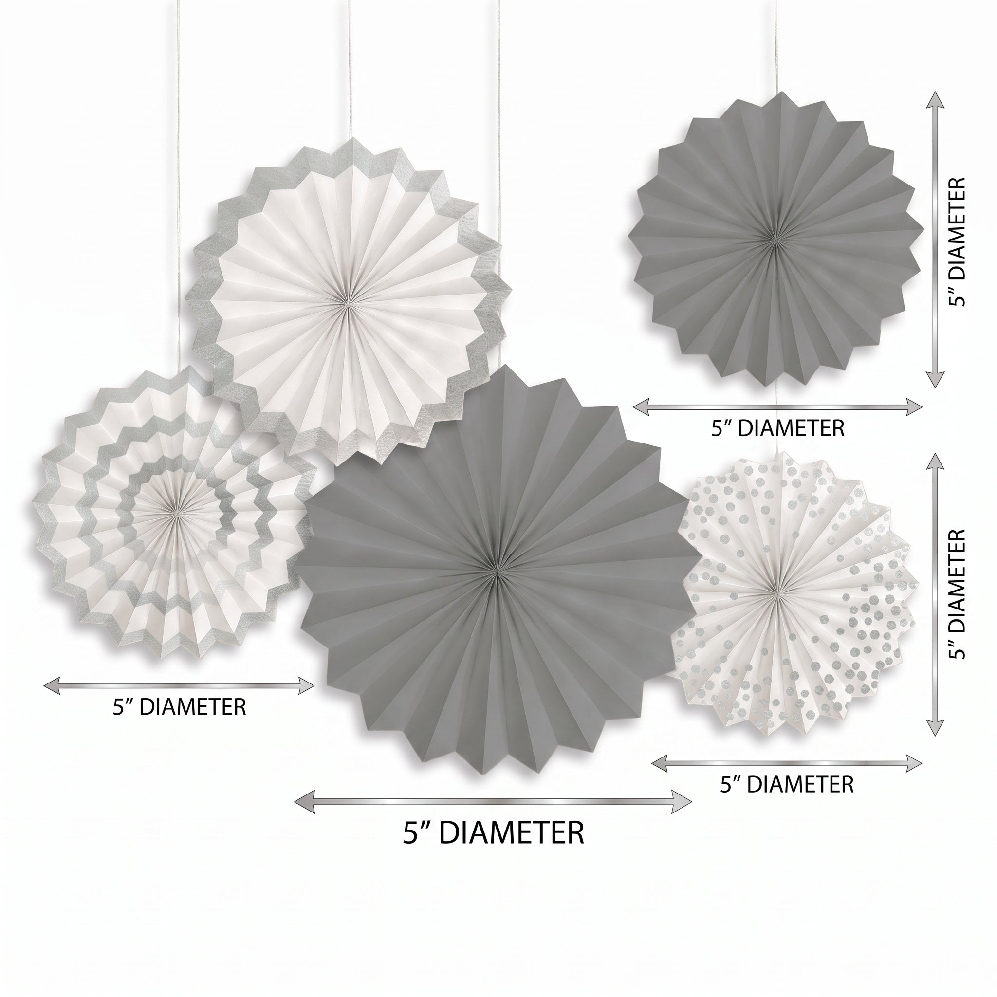 Silver Patterned Paper Fan Decorations - 5-Pack