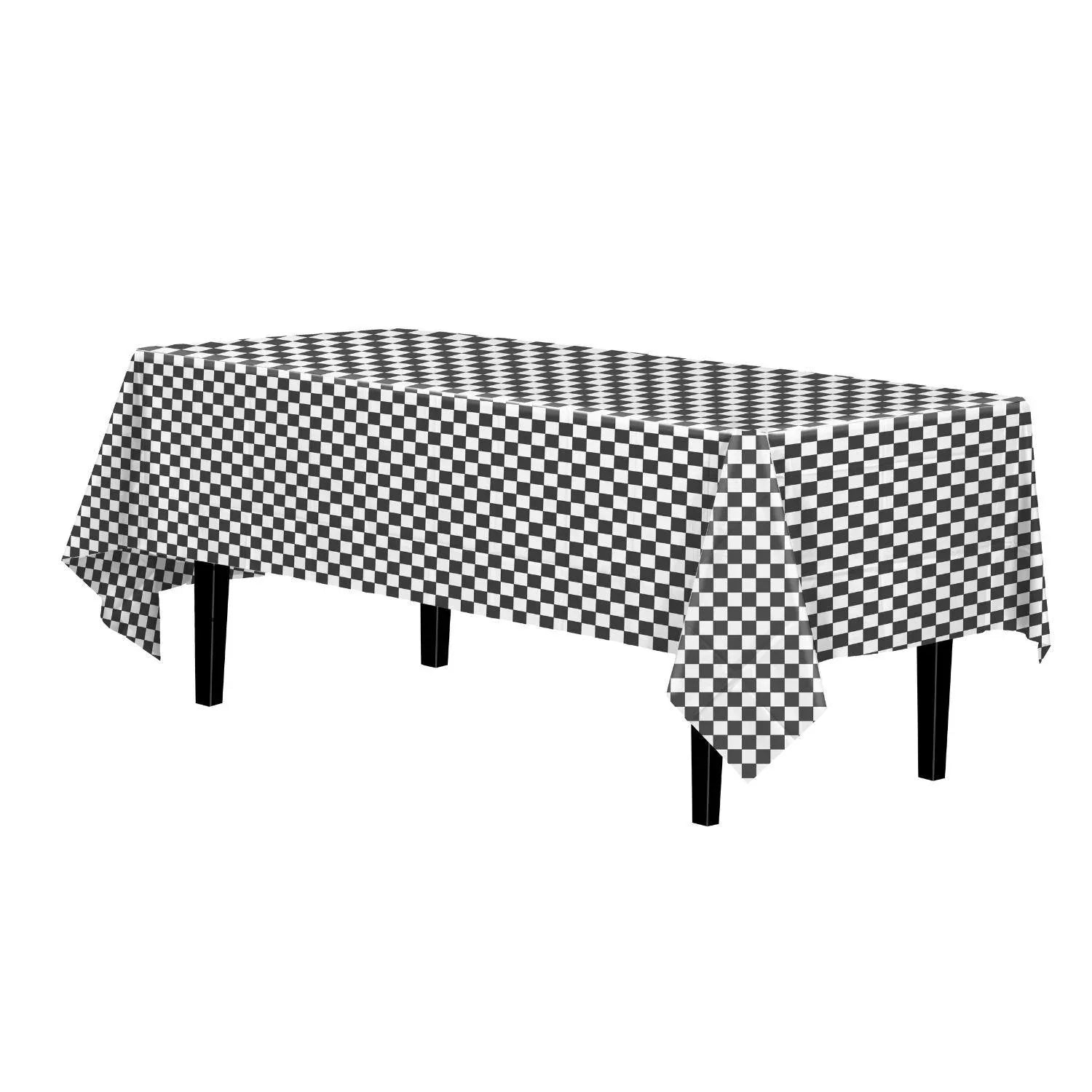 Black/White Checkered Plastic Table Cover | Case of 48 - 54 In. x 108 In.