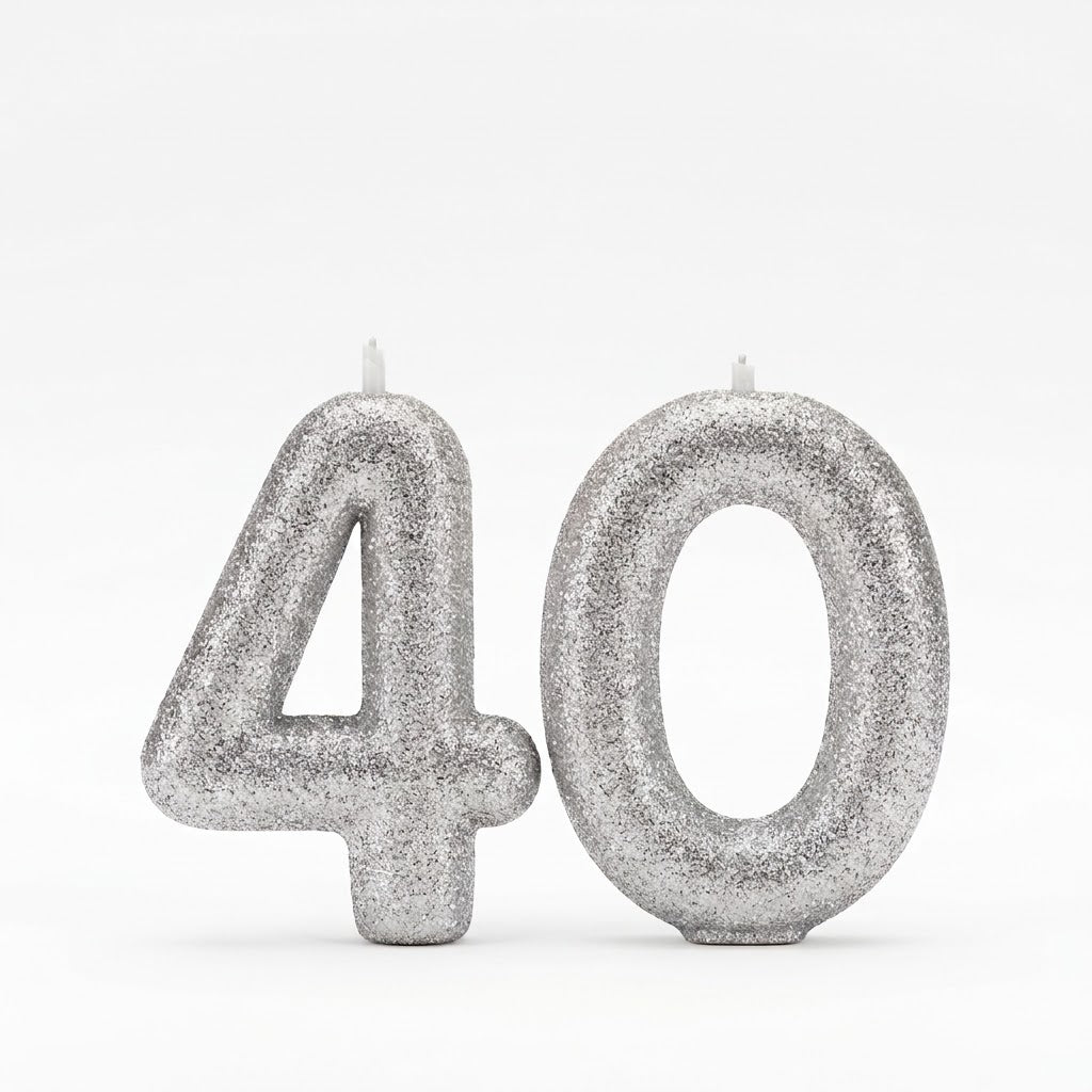 Sparkling Silver Glitter Number 40 Birthday Candles