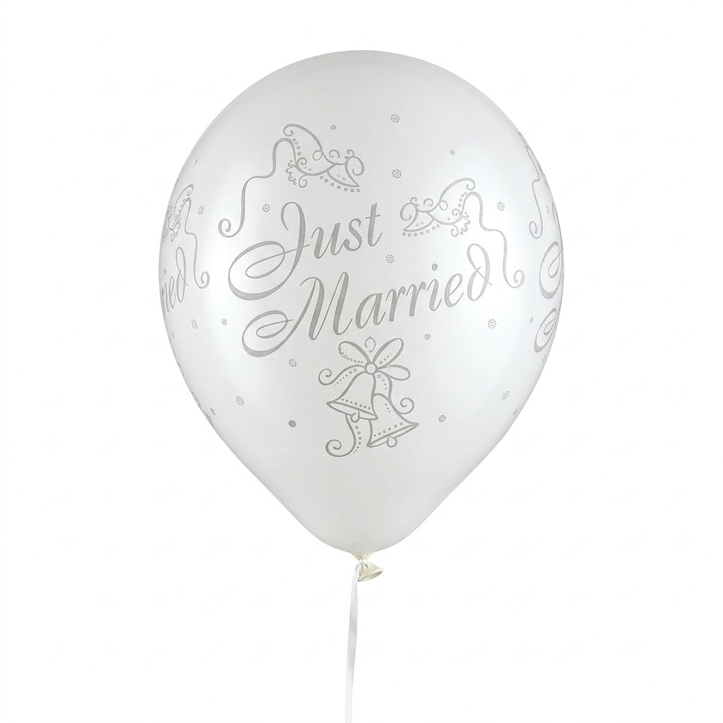 "Just Married" Wedding Latex Balloons, White/Silver, 12-Inch, 15-Pack