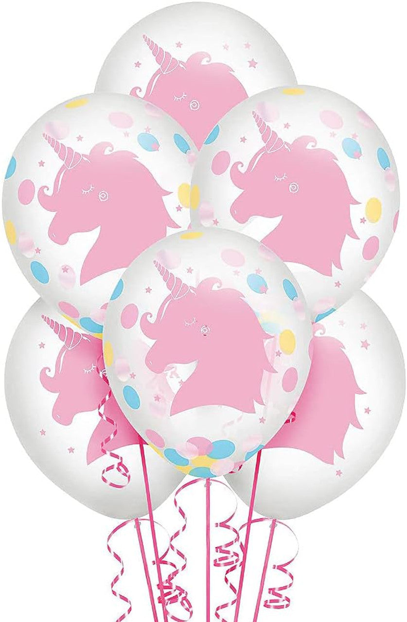 Little Gym - Unicorn Round Transparent Confetti Latex Balloons, Pink, 12-in, for Birthday Party - 6 Ct.